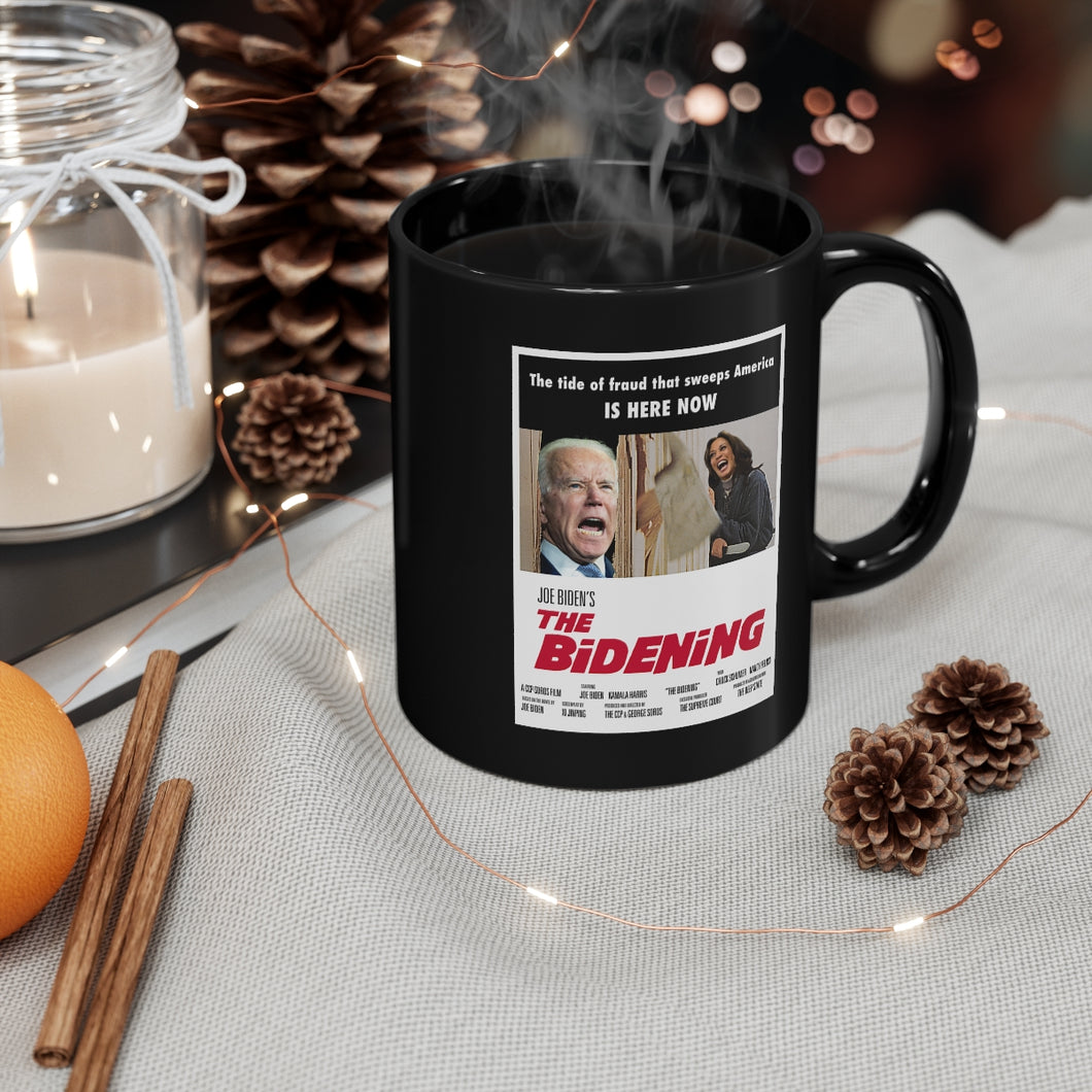 Joe Biden “THE BIDENING” The Shining Horror Parody Black Mug, 11oz